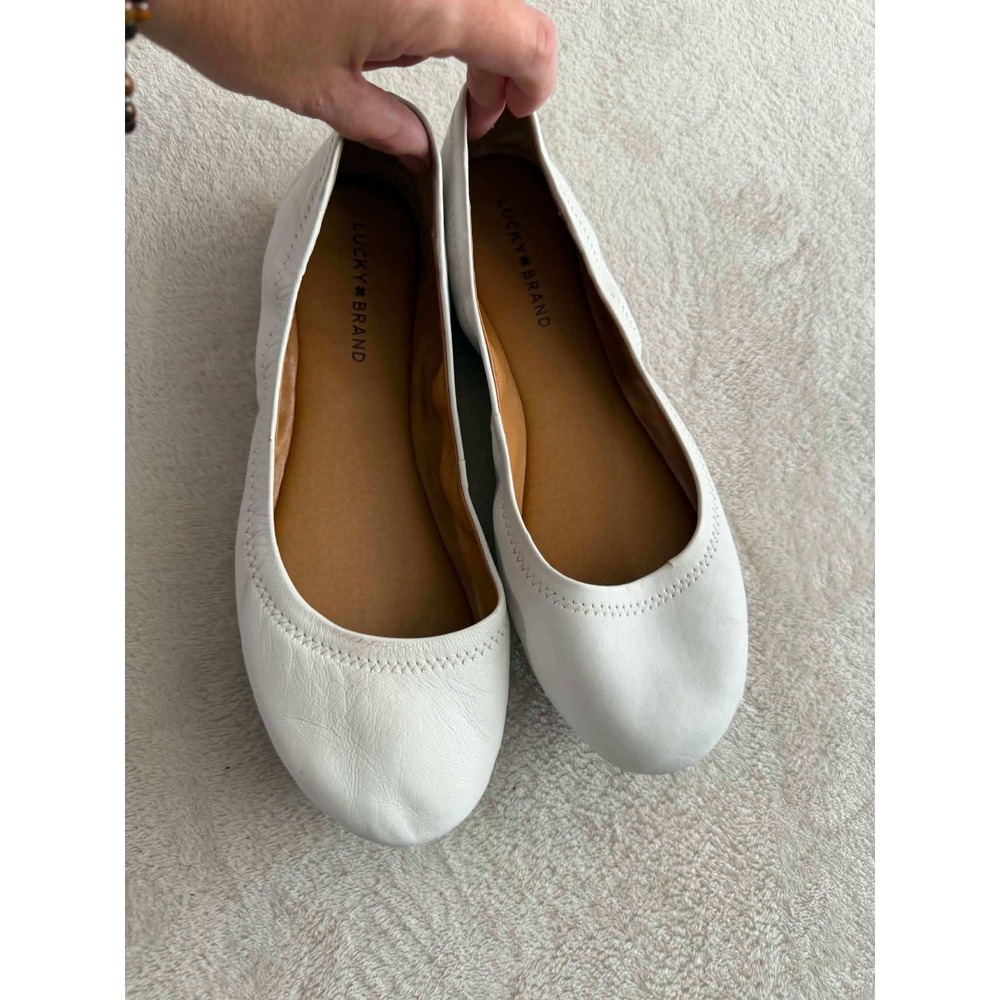 Lucky Brand Womens 9.5 White Ballet Flats Emmie Leather Whipstitch Detail